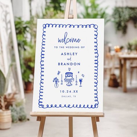 Hand Drawn Blue French Fun Wedding Welcome Template Blue Welcome Sign, Blue Red Wedding, Hand Drawn Wedding, Engagement Celebration, Blue French, Future Wedding Plans, Wedding Welcome Sign, Lake Wedding, French Wedding