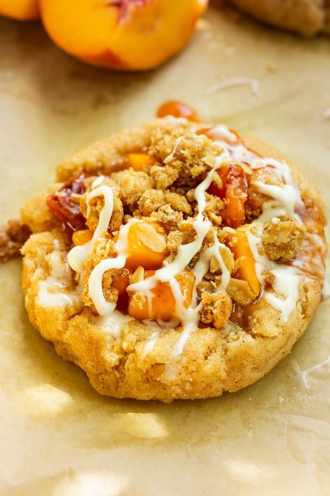 Peach Crisp Cookies - Oh Sweet Basil Peach Crumble Cookies, Peach Cobbler Cookies, Hoagie Roll Recipe, Peach Pie Bars, Cobbler Cookies, Fruit Salad Ingredients, Brown Sugar Peaches, Cheesecake Fruit Salad, Cheesecake Fruit