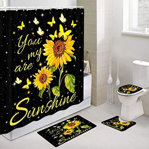 Mustard Yellow And Black Bathroom, Sunflower Shower Curtain, Sunflower Bathroom Decor, Sunflower Decorations, Sunflower Bathroom, Sunflower Home Decor, Butterfly Shower Curtain, Floral Bathroom, Bathroom Mat Sets