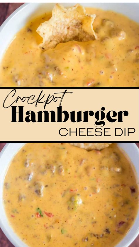 Crockpot Cheesy Hamburger Dip, Crockpot Dip With Ground Beef, Crockpot Cheese Dip Velveeta Ground Beef, Cheese Burger Dip Crockpot, Hamburger Meat Dip Recipes, Cheese Hamburger Dip, Warm Dips Crockpot Easy, Hamburger Dip Crockpot, Little Dipper Crockpot Recipes