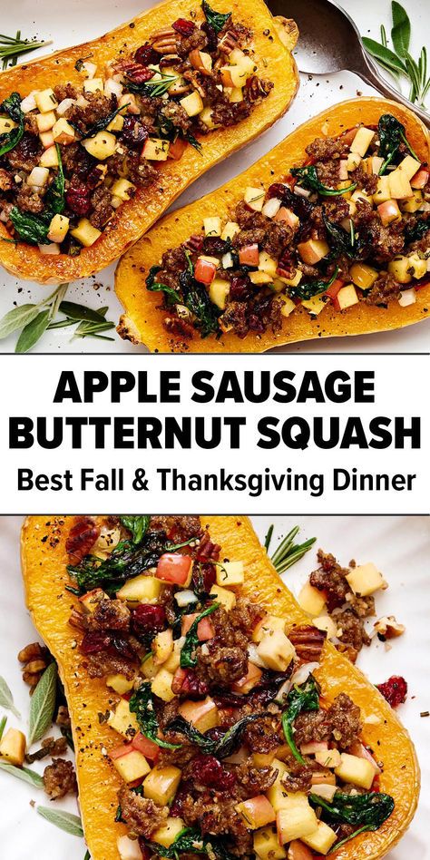 Apple sausage stuffed butternut squash. Recipes Using Garden Vegetables, Apple Sausage Stuffed Butternut Squash, Italian Sausage Stuffed Butternut Squash, Meat Sides Dishes, Fall Appetizer Recipes Healthy, Fall Squash Casserole, Field Roast Apple Sage Sausage Recipe, Vegetable Ideas For Thanksgiving Dinner, Stuff Butternut Squash Recipes