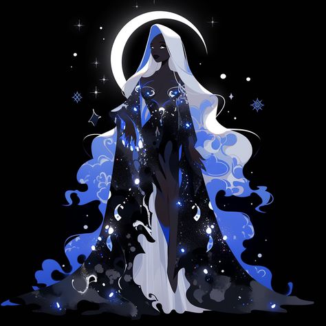 Space People Art, Celestial Character Design Outfit, Moon Oc Design, Divine Character Design, Moon Themed Character Design, Star Themed Character Design, Moon As A Human, Godlike Character Designs, Ethereal Character Design