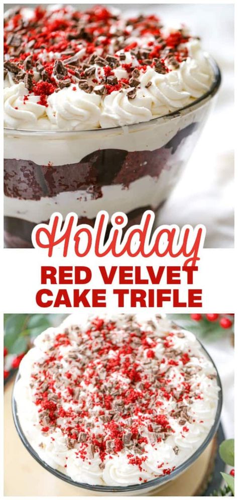 This recipe for our Red Velvet Cream Cheese Cake Trifle looks beautiful and tastes heavenly. As different layers of hot fudge, fluffy cream cheese, whipped cream, and chocolate pudding come together, this scrumptious red velvet cake dessert will be the centerpiece of your Christmas or Valentine's Day celebrations. Red Velvet Trifle Recipes, Red Velvet Cheesecake Trifle, Red Velvet Trifle Desserts Christmas, Red Velvet Bread Pudding, Red Velvet Cake Trifle, Christmas Trifle Dessert Recipes, Recipes With Red Velvet Cake Mix Boxes, Mini Trifle Recipes, Christmas Tree Cake Trifle