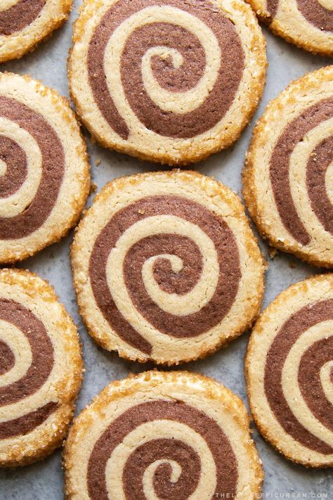 Slice and bake peanut butter chocolate swirl cookies with turbinado sugar coating. These shortbread pinwheel cookies are crunchy and crumbly. They're great for gift giving because of their long shelf life! Yield: about 3 dozen (36 one-centimeter thick cookies) Slice And Bake Pinwheel Cookies, Chocolate Peanut Butter Swirl Cookies, Peanut Butter Chocolate Swirl Cookies, Chocolate Swirl Cookies, Salted Cookies, Almond Biscotti Recipe, Swirl Cookies, Pinwheel Cookies, Bite Size Cookies