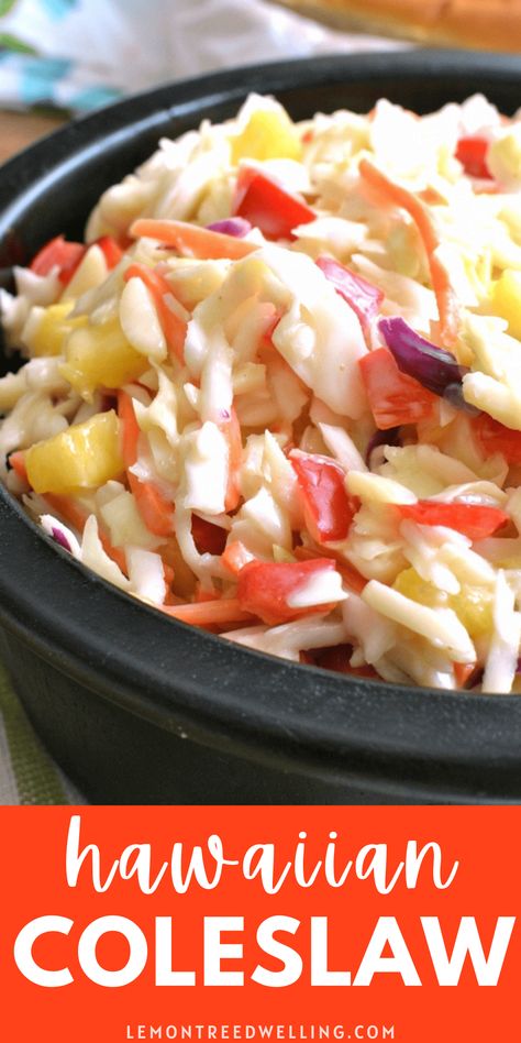 This Hawaiian Cole Slaw is loaded with fresh pineapple, red pepper, shredded carrots, crunchy macadamia nuts, and a sweet, creamy honey dressing. Hawaiian Cole Slaw, Hawaiian Coleslaw, Margaritaville Party, Healthy Coleslaw, Creamy Honey, Slaw Dressing, Honey Dressing, Side Salads, Homemade Coleslaw