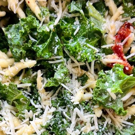 Kale Pasta Salad, Crazy Busy Mama, Kale Pasta, Pesto Salad, Green Kale, Romano Cheese, Kale Recipes, Parmesan Pasta, Tossed Salad