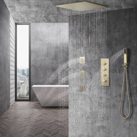 Rain Shower System, Brass Shower Head, Shower Fixtures, Bathroom Remodel Shower, Rainfall Shower Head, Gold Bathroom, Bath Faucet, Modern Shower, Rainfall Shower