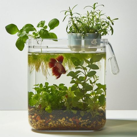 Beta In Vase With Plant, Vase Fish Tank, Fish Tank Garden, Aquaponics Fish, Betta Fish Care, Led Aquarium Lighting, Beta Fish, Betta Fish Tank, Halfmoon Betta