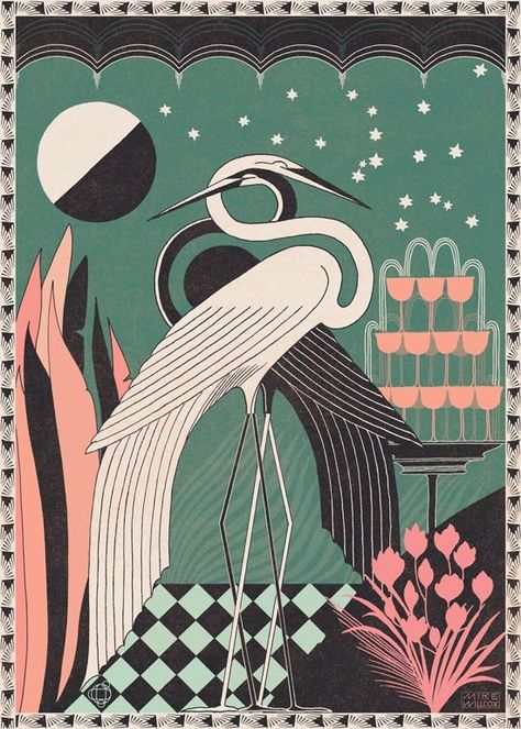 1920s Graphic Design, Wedding Art Illustration, Invite Illustration, Art Deco Animals, Art Deco Bird, Art Deco Graphics, Motifs Art Nouveau, Art Deco Illustrations, Art Deco Aesthetic