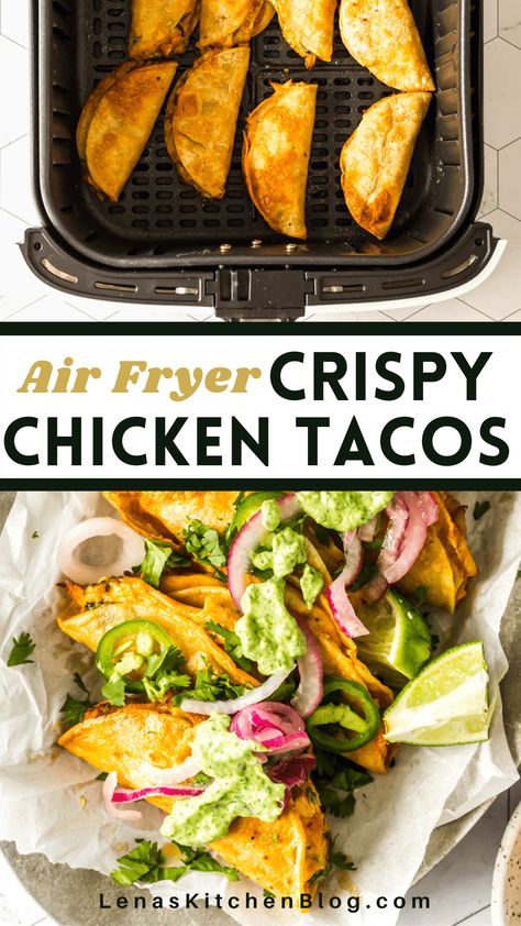 Crispy Chicken Tacos are anything but average! Seasoned rotisserie chicken is stuffed into tortillas before being cooked in the air fryer, giving you a crispy and zesty snack everyone will love. Air Fry Chicken Tacos, Air Fry Tacos, Air Fryer Taco Recipes, Air Fryer Street Tacos, Things To Do With A Rotisserie Chicken, Air Fried Tacos, Chicken Tacos Rotisserie, Chicken Tacos Crispy, Fried Tacos Chicken