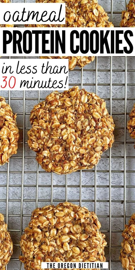 Oatmeal protein cookies are easy, vegan, & gluten-free! Using peanut butter, flax, & cinnamon, they make a yummy, & healthy breakfast option! No butter required, these oat breakfast cookies are packed with protein, even my toddler loves them! They make a great finger food, and can even be made with leftover baby puree! Using one bowl, you can make these in less than 30 minutes! Baked Oatmeal Breakfast Cookies, Healthy Oat Breakfast Cookies, Flax Oatmeal Cookies, Oatmeal Cookie Breakfast, Healthy Protein Oatmeal Cookies, Easy Oat Recipes, High Soluble Fiber Recipes, Breakfast Protein Cookies, Oatmeal Recipes Protein