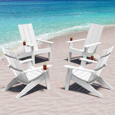 WINSOON All-Weather HIPS Outdoor Adirondack Chairs with Cup Holder (Set of 4) - Bed Bath & Beyond - 35537639 Outdoor Adirondack Chairs, Modern Adirondack Chair, Adirondack Chairs Patio, Fire Pit Chairs, Modern Adirondack, Folding Adirondack Chairs, Fire Pit Area, Outdoor Patio Chairs, Seat Design