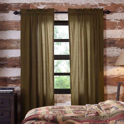 The Tea Cabin Green Plaid Country Curtain Panel Set. This panel set comes in a lovely country green plaid, are lined, and sold in sets of 2. Each panel measure 84" L x 40" W. Includes matching set of tiebacks. 2" header and 3" rod pockets. Coordinates perfectly with our Tea Cabin bedding collection. Cabin Curtains, Cabin Lake House, Deep Olive Green, Plaid Curtains, Vhc Brands, Short Curtains, Lodge Cabin, Country Curtains, Country Cabin