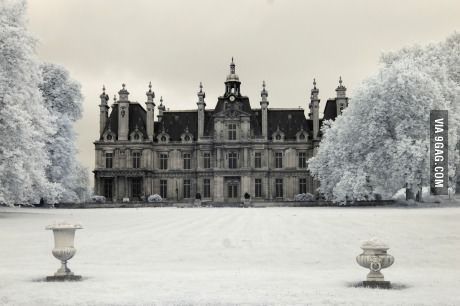 Chateau outside Paris, was once a tuberculosis sanatorium. Snowy Mansion, Winter Mansion, Manor Aesthetic, Vampire Book, Snow Castle, Castle Mansion, Castle Aesthetic, Uni Room, Royal Aesthetic