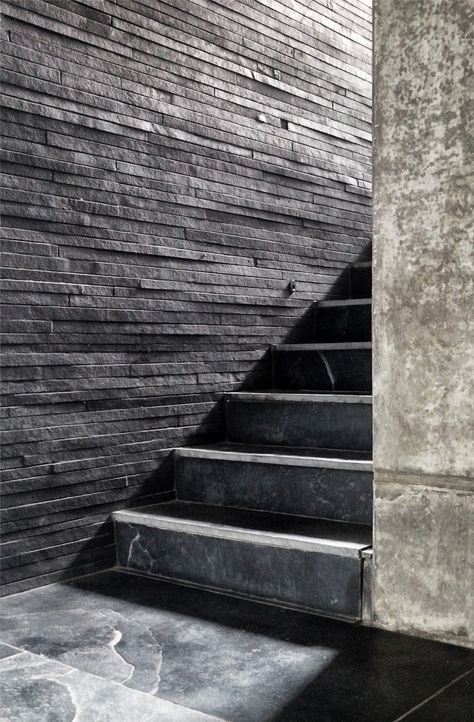 The House Cast in Liquid Stone by SPASM Design Architects. Layered slices of stone to create a wall cladding House Cast, Stair Wall, Staircase Wall, Stone Architecture, Stone Cladding, Black And White Photograph, Interior Stairs, Wall Cladding, Staircase Design