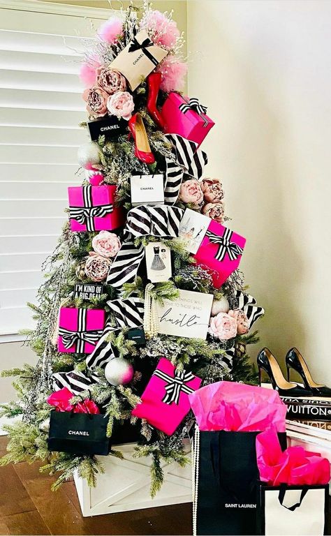 Black Christmas Tree With Rose Gold Decorations, Boutique Christmas Tree Ideas, Designer Trees Christmas, Pink Christmas Tree With Black Ornaments, African American Themed Christmas Tree, Hot Pink And Gold Christmas Tree, Black White And Pink Christmas Tree, Hot Pink Christmas Tree Decorations, Pink Black And White Christmas Tree