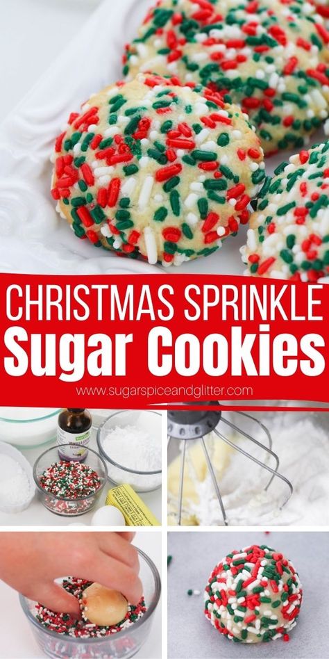 How to make Christmas Sprinkle Sugar Cookies - a super easy Christmas cookie the kids can help make. Soft, pillowy sugar cookies with a crunchy sprinkle coating Soft Batch Christmas Sprinkle Cookies, Decorating Christmas Cookies Easy, Softest Sprinkle Cookies, Easy Santa Cookies For Kids, Christmas Toddler Desserts, Sugar Spun Run Recipes Sugar Cookies, Christmas Sugar Sprinkle Cookies, Soft Christmas Sprinkle Cookies, Christmas Dessert Kids Can Make