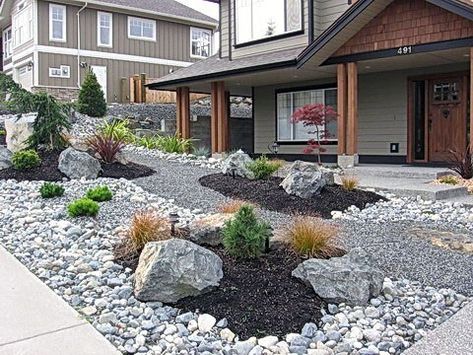 Top 50 Best River Rock Landscaping Ideas - Hardscape Designs Xeriscape Front Yard, Rock Yard, Xeriscape Landscaping, River Rock Garden, Mulch Landscaping, River Rock Landscaping, Small Front Yard Landscaping, Rock Garden Design, Hardscape Design