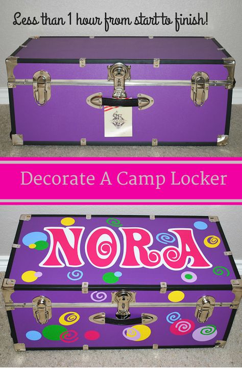 Decorate A Camp Locker in under an hour. Easy DIY lesson on how to decorate a summer camp locker / trunk. Custom Trunks are all the rage and your little one with adore it. Less… Camp Trunk Decorating Ideas, Summer Camp Trunk Decorating Ideas, Summer Camp Trunk, Pine Cove Camp, Summer Camp Packing, Camp Trunks, Painted Trunk, Camping Organization, College Decor