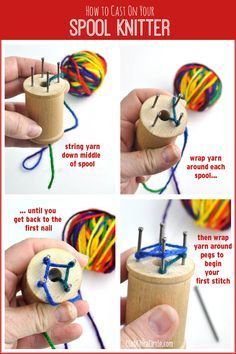 How to Cast On Homemade Spool Knitter and How to Make Your Own Spool Knitter (Knitting Noddy) Diy Tricot, Spool Crafts, Spool Knitting, Knifty Knitter, Wood Spool, French Knitting, Lucet, Finger Knitting, To Cast