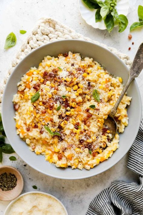 This Sweet Corn Risotto recipe is end-of-summer comfort food! Simmer arborio rice in corn-infused vegetable stock with aromatic vegetables & summer sweet corn until it's creamy & al dente. Finish with a crispy pancetta topping, creating an easy-yet-impressive dinner, perfect for girls' night or date night at home! Naturally gluten-free. Easily vegetarian, vegan, & dairy-free. #cornrisotto #sweetcornrecipes #risottorecipes #easyrisottorecipes #summerdinnerrecipes #dinnerideas Sweet Corn Risotto Recipe, Sweet Corn Risotto, Summer Comfort Food, Corn Risotto, Sweet Corn Recipes, Risotto Recipes Easy, Crispy Pancetta, How To Make Risotto, Impressive Dinner