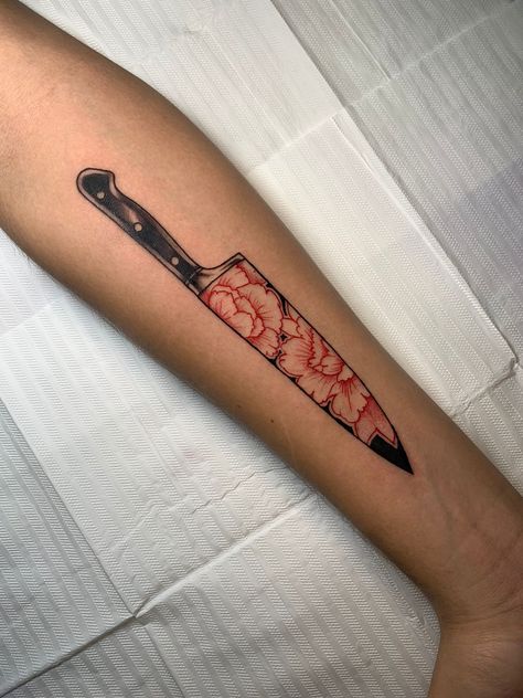 Japanese Knife Tattoo, Chef Knife Tattoo, Knife Tattoo Ideas, Knife And Rose Tattoo, Mine Tattoo, Brotherhood Tattoo, Chef Tattoo, Tattoo Sleeve Filler, Food Tattoos