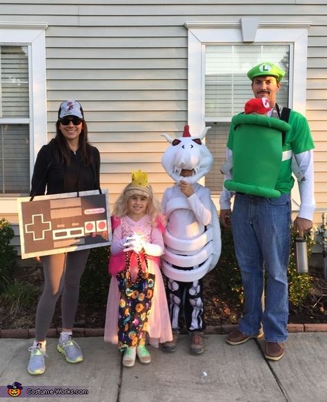 Nintendo Family Costume, Nintendo Controller Costume, Mario Party Family Costume, Dry Bowser Costume, Bowser Halloween Costume, Nintendo Costumes, Dry Bowser, Baby Carrier Costume, Diy Nintendo