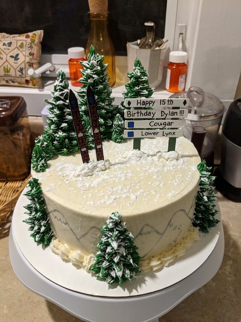 Ski Themed Desserts, Apres Ski Dessert, Ski Themed Cake, Winter Woodland Cake, Ski Birthday Cake, Winter Birthday Cake Ideas, Ski Birthday, Ski Cake, Poppy Birthday