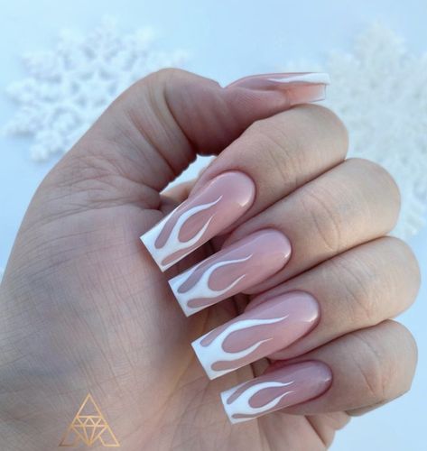 White Nails With Flame Design, French Tip Fire Nails, French Tip Nails With Fire Design, White French Tip Flame Nails, Flame French Nails, Simple Flame Nails, French Tip With Fire Design, French Tip Flame Nails, White Design On Nails