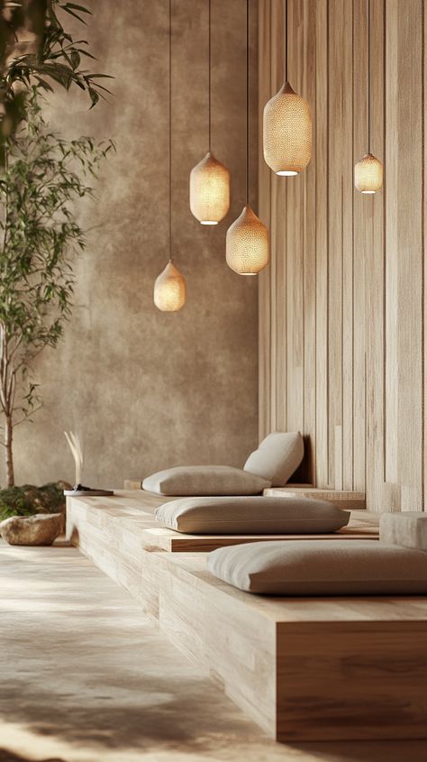 Discover tranquility in this serene meditation space! 🌿✨ With organic materials and warm lighting, this minimalist design creates the perfect retreat for relaxation. Embrace peace with every detail. #MeditationSanctuary #NatureInspiredDesign #WellnessJourney #midjourney Meditation Space Architecture, Yoga Meditation Room, Meditation Rooms, Handmade Lampshades, Organic Elements, Japanese Minimalism, Warm Lighting, Unique Mirrors, Meditation Space