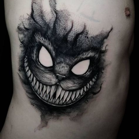 Cute Evil Tattoo, Creepy Cheshire Cat Tattoo, Angry Tattoo Design, Dark Creepy Tattoo Design, Dark Tattoos For Men Creepy, Vampire Skull Tattoo, Monster Tattoo Ideas, Gothic Tattoo Men, Dark Style Tattoo