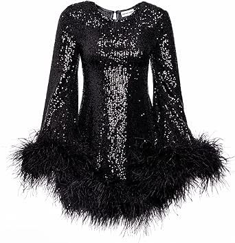 Sequin Dress With Feathers, Model Off Duty Aesthetic, Christian Cowan, Confident Outfit, New Years Eve Looks, Dress With Feathers, Black Sparkly Dress, Eve Outfit, New Years Eve Dresses