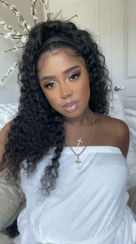 Deep Wave Headband Wig, Deep Wave Weave, Deep Wave Brazilian Hair, Down Hairstyle, Deep Wave Hair, Brazilian Deep Wave, Headband Wig, Deep Wave Hairstyles, Half Updo