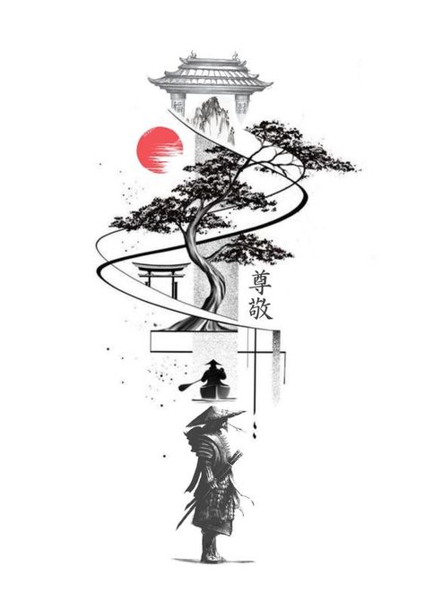 Tattoo Ideas Samurai, Japanese Temple Forearm Tattoo, Bonsie Trees Tattoo, Japanese Temple Back Tattoo, Japanese Lantern Tattoo, Japon Tattoo, Samurai Temple Tattoo Design, Tattoo Ninja, Ikigai Tattoo