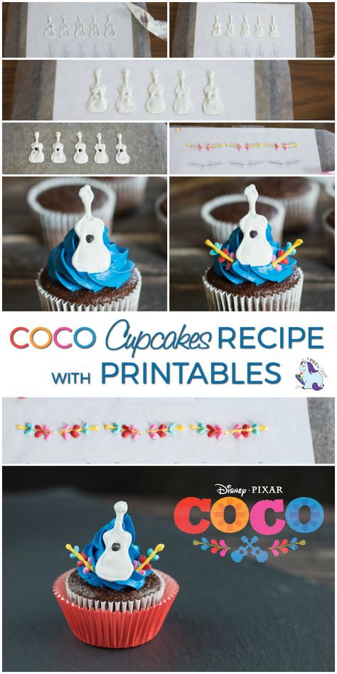 Adorable Disney Pixar Coco Inspired Guitar Cupcakes Recipe with Printables Guitar Cupcakes, Cupcake Recipes For Kids, Disney Parties, Coco Birthday, Coco Party, Coco Movie, Coco Disney, Themed Recipes, Disney Cupcakes