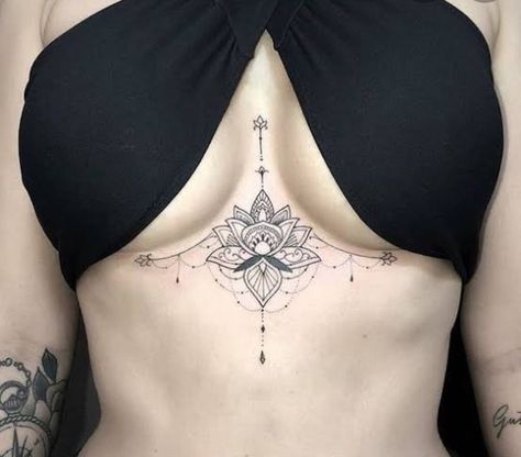 Underboob Tattoo Designs, Underboob Tattoo, Inspiration Tattoos, Chest Tattoos For Women, Dope Tattoos For Women, Stylist Tattoos, Sternum Tattoo, Lotus Tattoo, Tattoo Feminina