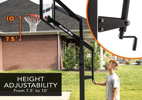 In-Ground hoop system dimensions: Backboard – 72” W x 42” H. Glass – 1/2” thick; Pole Size: 6 x 6 Rim height adjustability – 7.5 to 10”; Overhang: 4” Rim;Heavyweight, flex Basketball Goal, Ground Anchor, Basketball Backboard, Basketball Goals, Basketball Hoops, Basketball Hoop, Clear View, Tempered Glass, Basketball Court