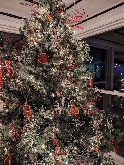 A lightly flocked Christmas tree decorated with dried citrus such as lemons, limes, oranges, and grapefruit, holly berries, white babys-breath flowers, pinecones, and white lights. This Christmas tree has branches, holly berries and eucalyptus poking out from the tree as well. Christmas Tree With Pinecones And Berries, Christmas Trees With Baby’s Breath, Christmas Tree With Gypsophila, Fairycore Christmas Tree, Christmas Tree With Dried Flowers, Christmas Tree Eucalyptus, Christmas Tree With Babysbreath, Christmas Tree Baby Breath, Gypsophila Christmas Tree