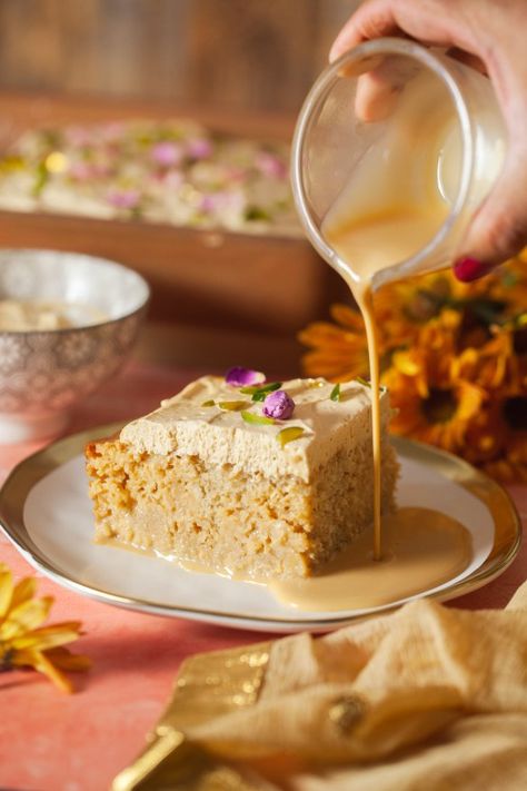 Indian Cake Recipe, Tiramisu Tres Leches Cake, Tea Infused Desserts, Indian Inspired Desserts, Thai Tea Tres Leches Cake, Chai Tres Leches, Chai Desserts, Indian Fusion Cake, Indian Fusion Desserts