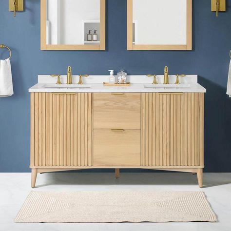 Ove Decors Vanity, Removable Backsplash, White Countertop, Ceramic Undermount Sink, Blue Vanity, Bathroom Installation, Single Sink Bathroom, Transitional Bathroom, Bathroom Size