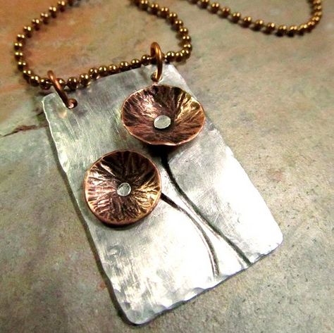 Hand Stamped Necklace with Copper Flowers and Mixed Metals… | Flickr Rivet Jewelry, Copper Flowers, Cold Connections, Fold Forming, Copper Jewellery, Emerald Rings, Metalwork Jewelry, Metalsmithing Jewelry, Gold Pendants