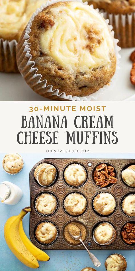 Cheese Swirls, Banana Cream Cheese Muffins, Banana Cream Cheese, Muffins Banana, Sweet Muffins, Bread Banana, Recipes Banana, Banana Dessert Recipes, Cream Cheese Muffins