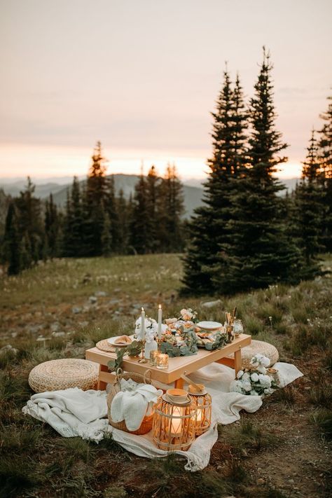 A lavish wedding picnic set up among the trees and wildflowers in the alpine of Manning Park at sunset Picnic Style Wedding Ceremony, Picnic Blanket Wedding Ceremony, Private Picnic Ideas, Garden Picnic Wedding Ideas, Picnic Aesthetic Wedding, Picnic Wedding Proposal, Picnic In Mountains, Mountain Picnic Aesthetic, Boho Picnic Set Up