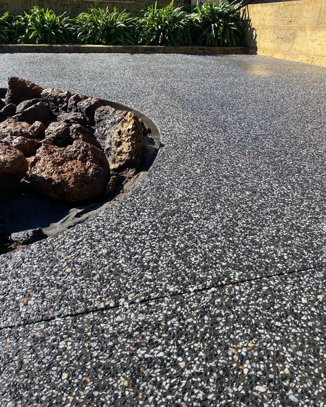 Exposed aggregate concrete around a large fire pit in a Perth properties backyard. Exposed Aggregate Driveway, Aggregate Driveway, Exposed Aggregate Concrete, Aggregate Concrete, Exposed Aggregate, Concrete Ideas, Concrete Texture, Installation Art, Perth