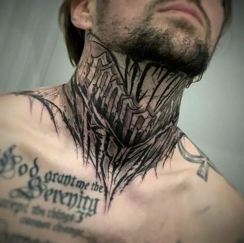 Metal Neck Tattoo, Demon Neck Tattoo, Front Neck Tattoo, Rick And Morty Tattoo, Dark Lettering, Throat Tattoo, Metal Font, Sick Tattoo, Neck Tattoo For Guys