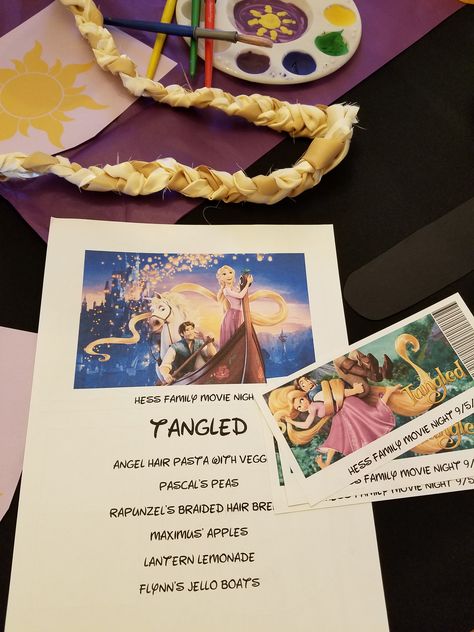 Disney Movie Night Menu Tangled, Tangled Menu Ideas, Disney Movie Night Dinner Tangled, Pixar Dinner And Movie Night, Rapunzel Themed Dinner, Tangled Movie Night Food, Disney Food Movie Night, Tangled Dinner And A Movie, Tangled Food Ideas