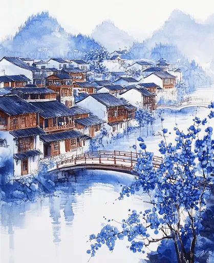 ↑↑↑ Larger size on website 🔸 A watercolor painting depicts a peaceful village nestled amongst blue mountains.  The scene features Chinese Houses, Traditional Chinese House, Chinese Village, Chinese House, Village Scene, Wooden Bridge, Blue Mountains, Blue Mountain, Traditional Chinese