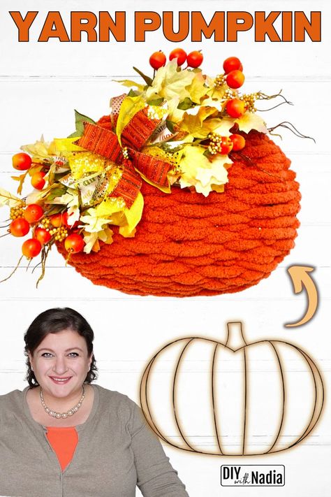 Loop Yarn Pumpkin Wreath, Woven Pumpkin Wreath, Loop Yarn Fall Wreaths, Yarn Pumpkin Wreath Diy, Ribbon Covered Pumpkins, Pumpkin Yarn Wreath, Half Pumpkin Wire Wreath, Dollar Tree Yarn Pumpkin, Dollar Tree Crafts Pumkins