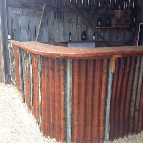 Shed Bar Ideas, Downtown Design, Pool Room Ideas, Rustic Outdoor Bar, Outdoor Bar Ideas, Barn Bar, Tin Bar, Distressed Kitchen, Corrugated Iron