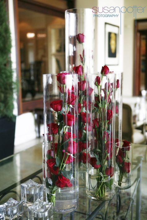 Rose Vase Centerpieces, Red Roses Flower Arrangement Centerpieces, Birthday Arrangements, Tall Gold Vases, Quince Centerpieces, Red Roses Garden, Water Centerpieces, Red Roses Centerpieces, Red Rose Arrangements